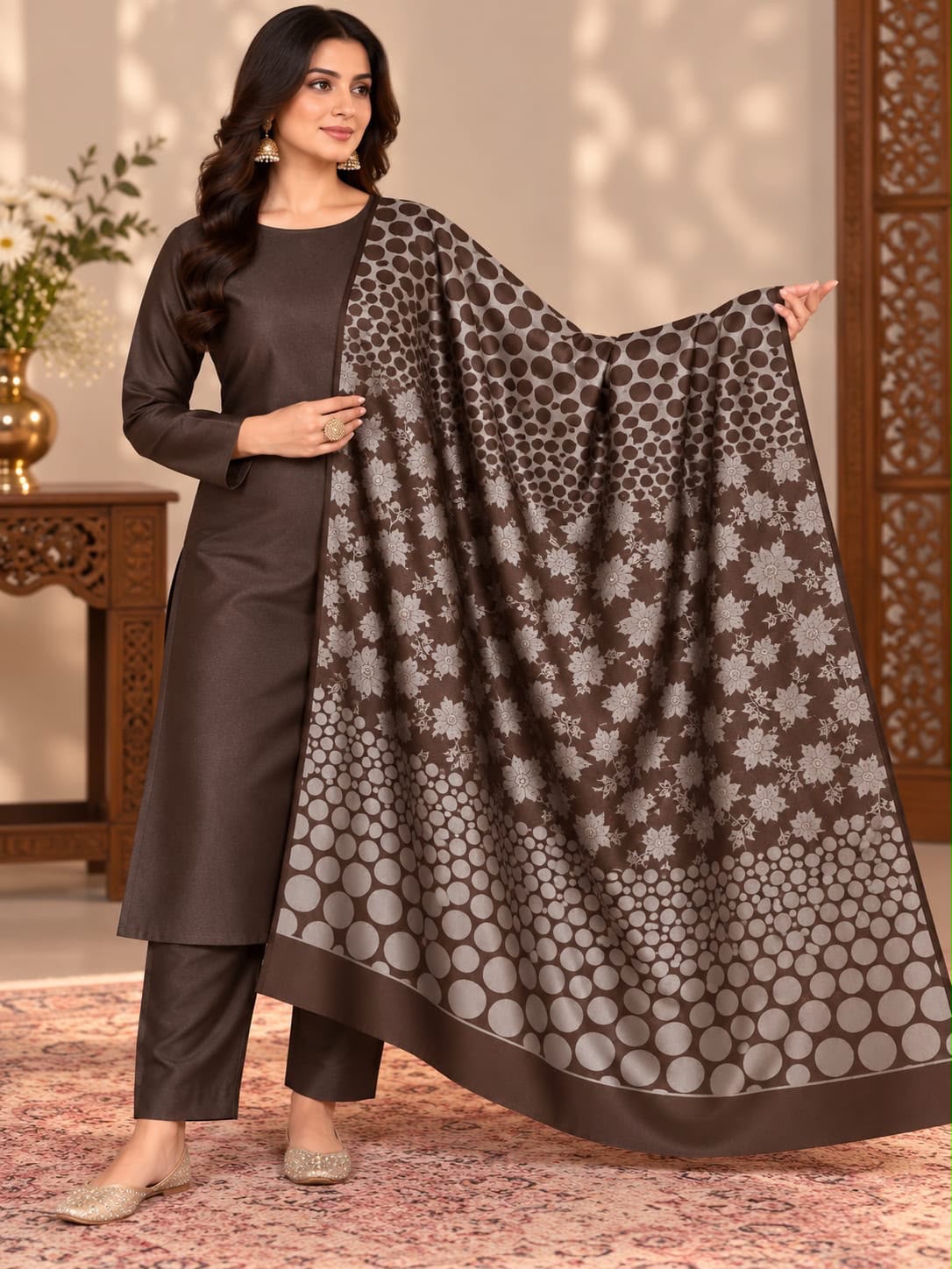 Dhanak Marina 3-Piece Unstitched Winter Suit | Jacquard Pashmina Wool Shawl