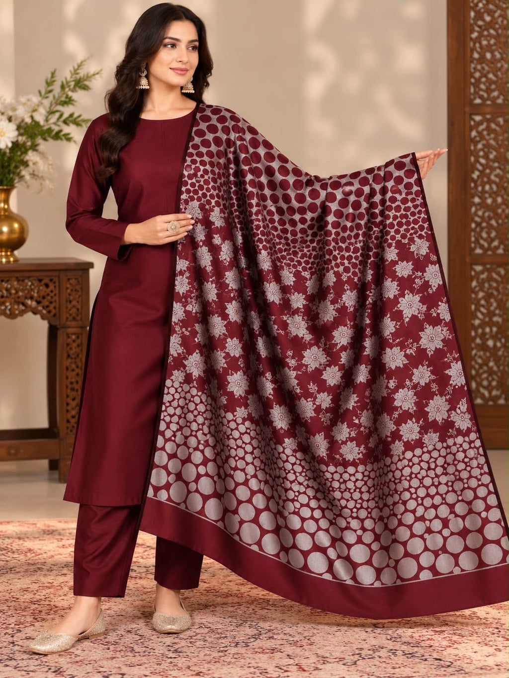 Dhanak Marina 3-Piece Unstitched Winter Suit | Jacquard Pashmina Wool Shawl