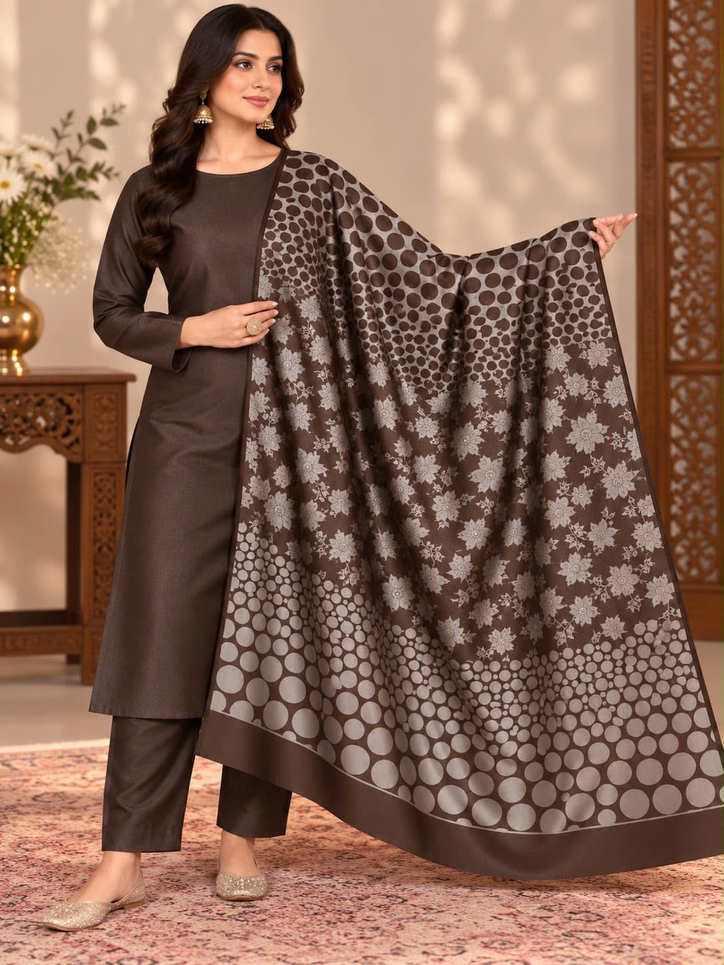 Dhanak Marina 3-Piece Unstitched Winter Suit | Jacquard Pashmina Wool Shawl