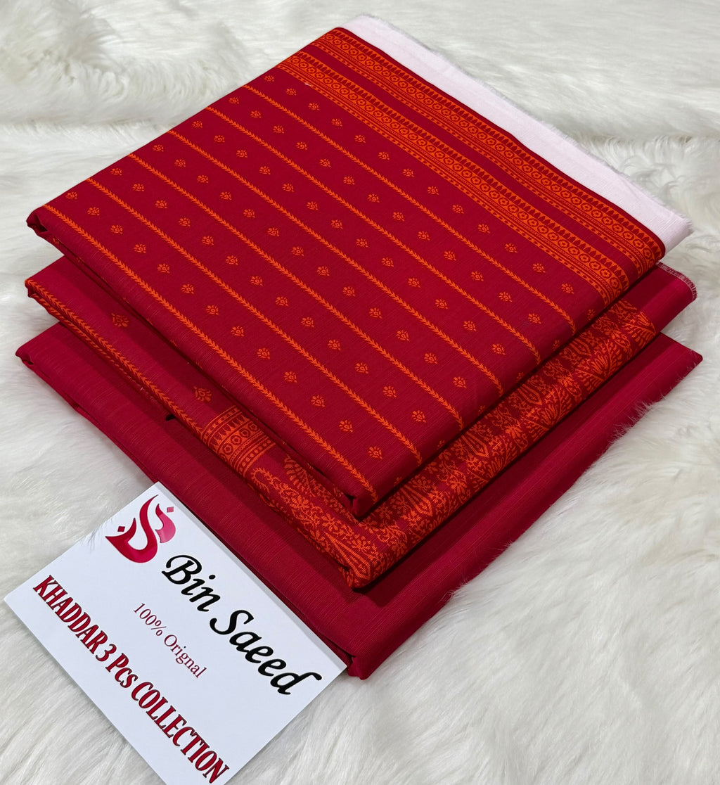 Bin Saeed Premium Women’s Red 3-Piece Unstitched Suit with Heavy Embroidery