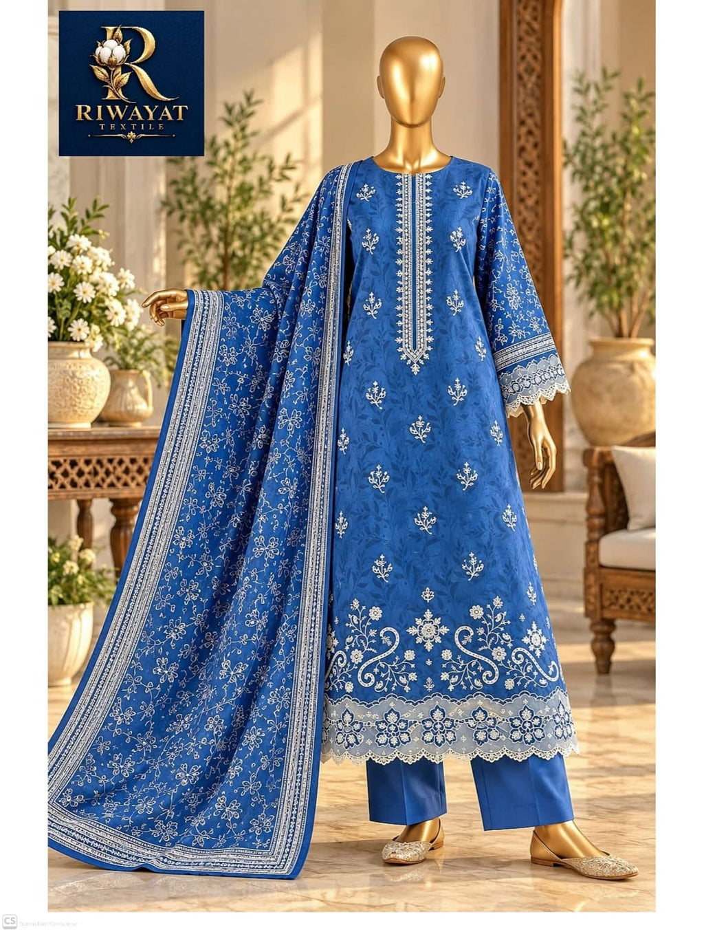 Royal Dark Sky Blue 3-Piece Unstitched Linen Suit with Heavy Embroidery