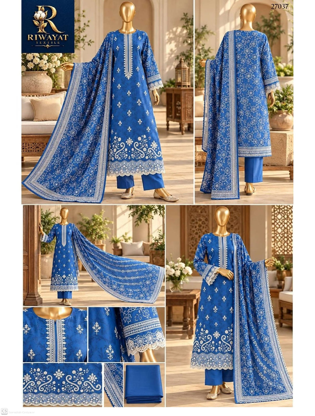 Royal Dark Sky Blue 3-Piece Unstitched Linen Suit with Heavy Embroidery