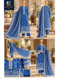 Royal Dark Sky Blue 3-Piece Unstitched Linen Suit with Heavy Embroidery
