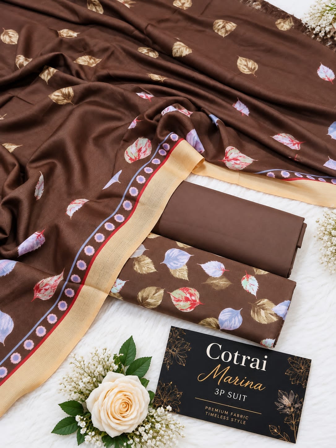 Classy Brown 3-Piece Unstitched Linen Suit with Heavy Embroidery