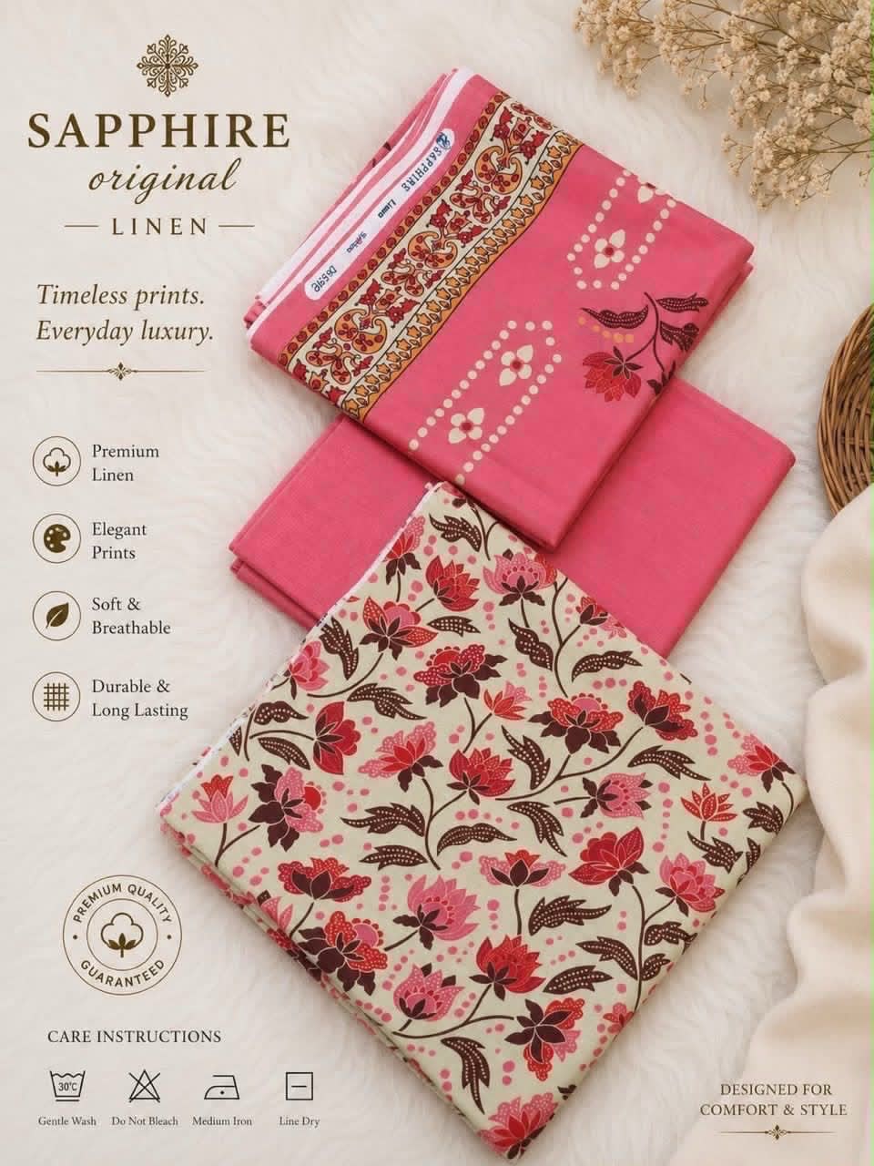Charming Pink 3-Piece Unstitched Linen Suit with Heavy Embroidery