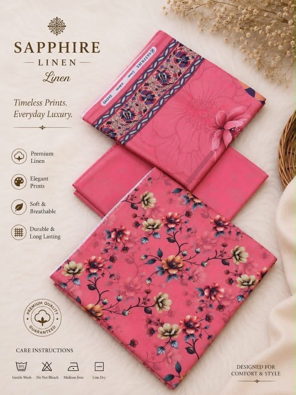 Charming Pink 3-Piece Unstitched Linen Suit with Heavy Embroidery